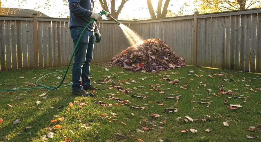Wetting Down Pile of Leaves